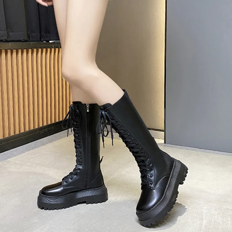 

Autumn Winter Women's Knee High Boots Fashion Zip Lace Up PU Leather Boots Woman Thick Bottom Platform Botas Mujer 2021