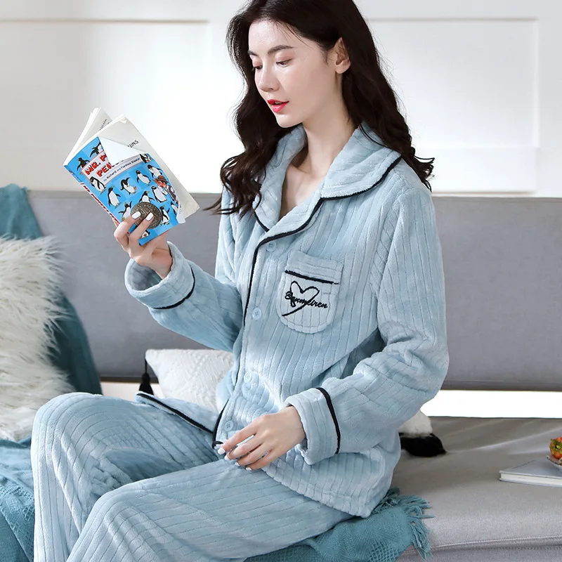2021 Autumn and Winter Women's Pajamas Thick Warm Flannel Sweet and Cute Home Service Pajama Set Women Sleepwear Pijamas Women