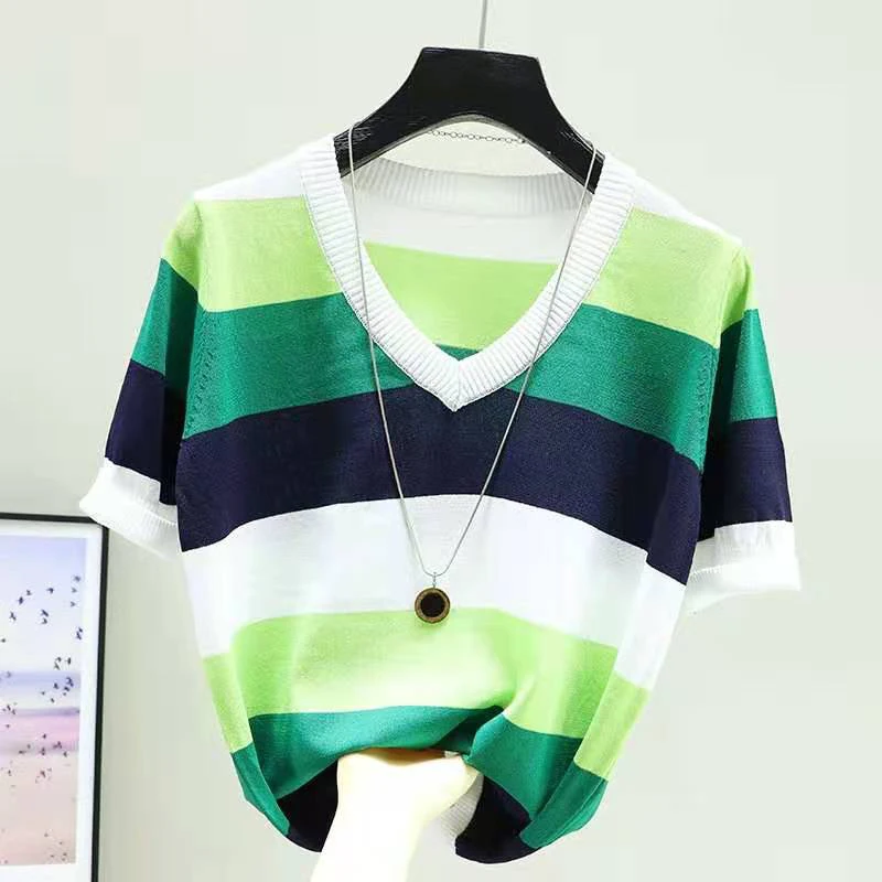 

Striped V-Neck Pullover Women Short Sleeve Woman Sweater New 2021 Thin Summer Tops Knitted Korean Fashion Clothes Sweater Femme