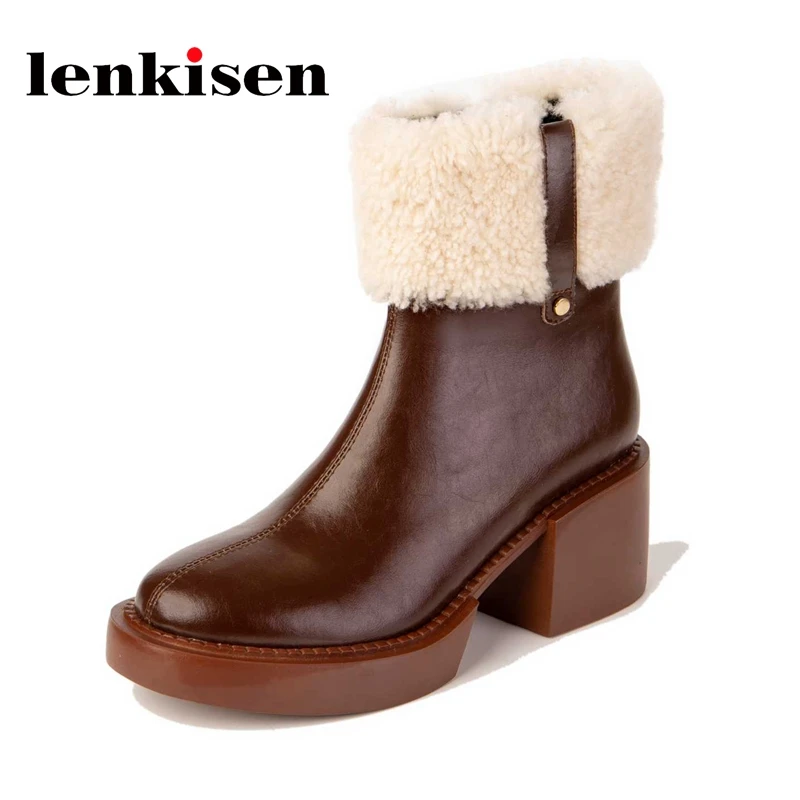 

Зимние ботинки Lenkisen из коровьей спилковой кожи с круглым носком на высоком каблуке, зимняя теплая Молодежная повседневная одежда в британс...