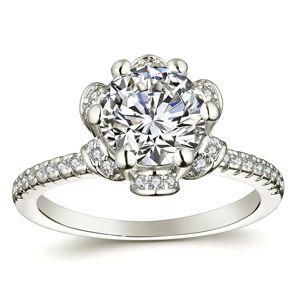 

Flower Rings for Women Silver Color Six Claws White Zircon Wedding Jewerly Gifts