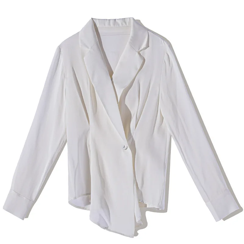 

Top Quality Silk Blouses 2020 Spring Summer Business Women Notched Collar Covered Button Asymmetrical White Black Apricot Shirts