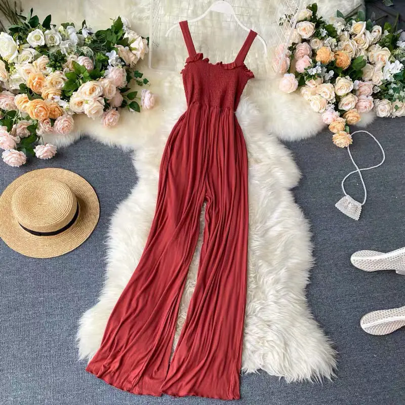 

Women 2021 Summer Strap Long Pants Jumpsuits Female Loose Sexy Beach Elastic Sleeveless Solid Wide Leg Rompers Overalls Y123