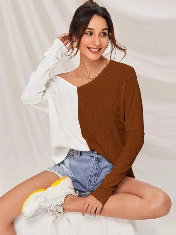 

Summer T-Shirts Womens Contrast Stitching V-neck Casual Long Sleeve T-Shirt 2021 Fashion High Street Ladies Loose Tops