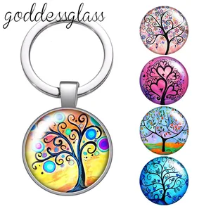 New Colorful Life of Tree Beauty glass cabochon keychain Bag Car key chain Ring Holder Charms keycha