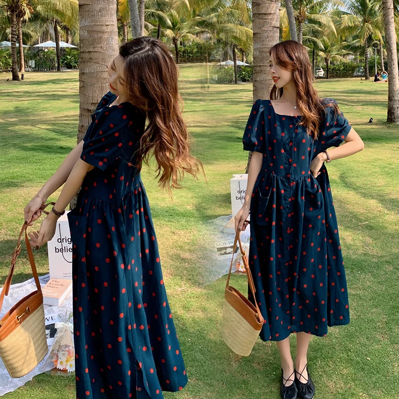 

8035# Summer Korean Fashion Maternity Long Dress Elegant A Line Loose Clothes for Pregnant Women Slim Waist Pregnancy Dress