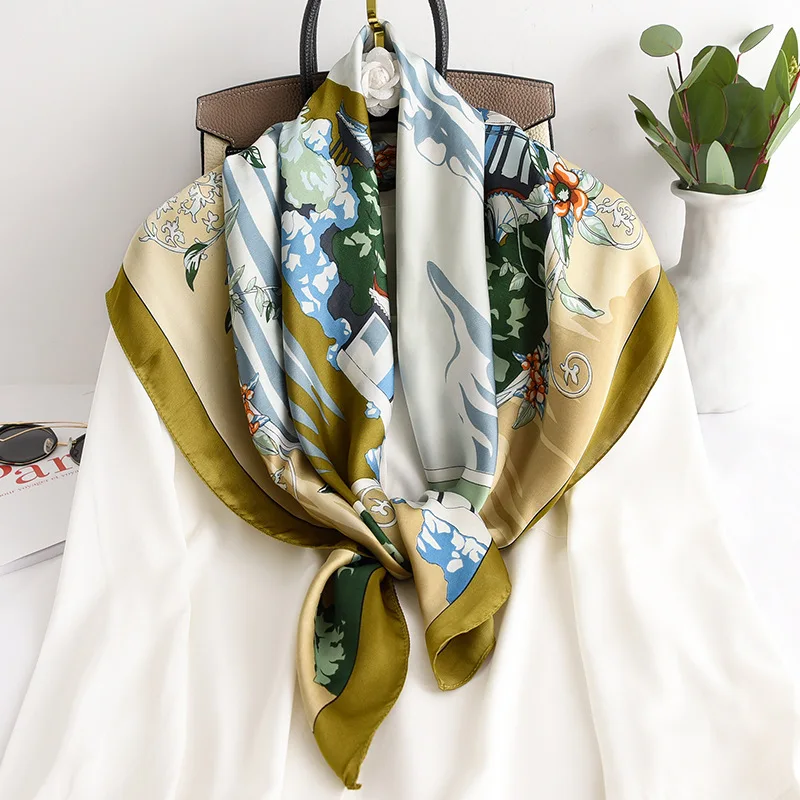 

spring autumn Luxury silk women print silk scarves tourism Fashion Flower 70cm Square scarf seaside sunscreen quality shawl