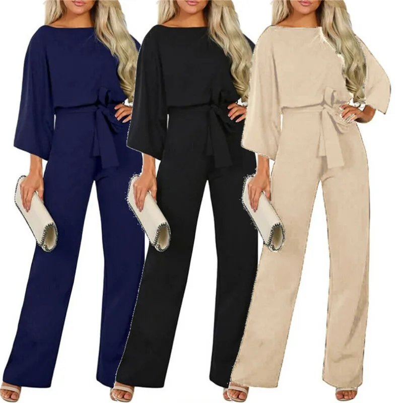 

2020 New Autumn Spring Casual Bandage High Waist Jumpsuit Women's Knotted Long Sleeve Jumpsuit Wide Leg Pants Playsuit