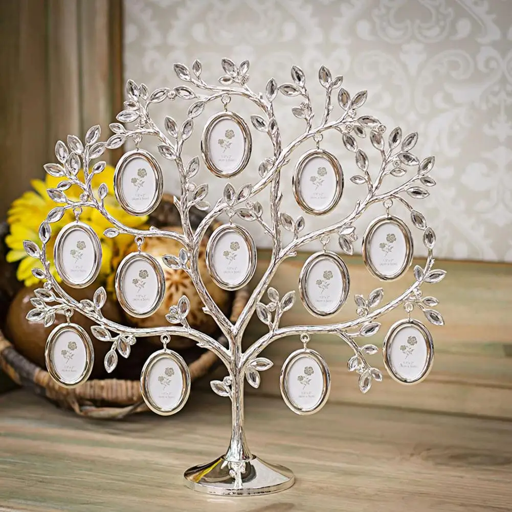 

Elegant Family Tree Ornament Home Decoration Memento Metal Table Top Photo Frame Silver Including 12 Individual Photo Frames