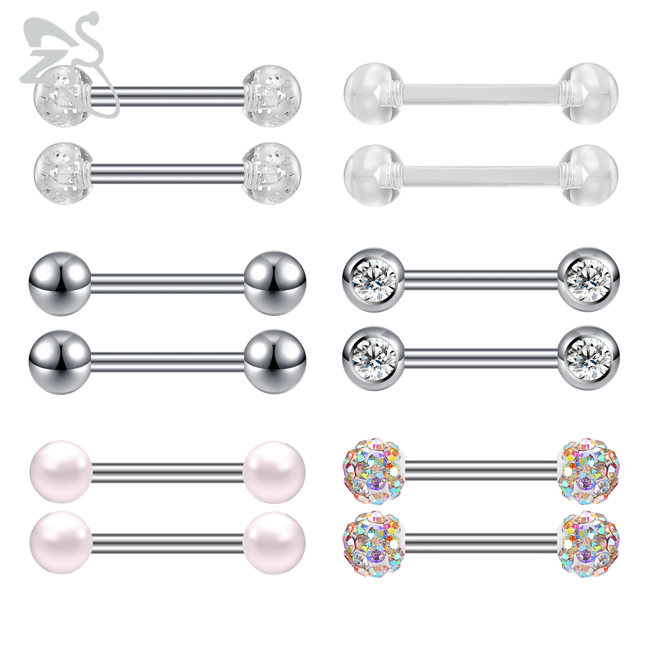 

ZS 12PCS/Lot 316L Stainless Steel Tongue Piercing Set Crystal Barbell Tongue Rings Ear Tragus Helix Piercings Body Jewlery 14G