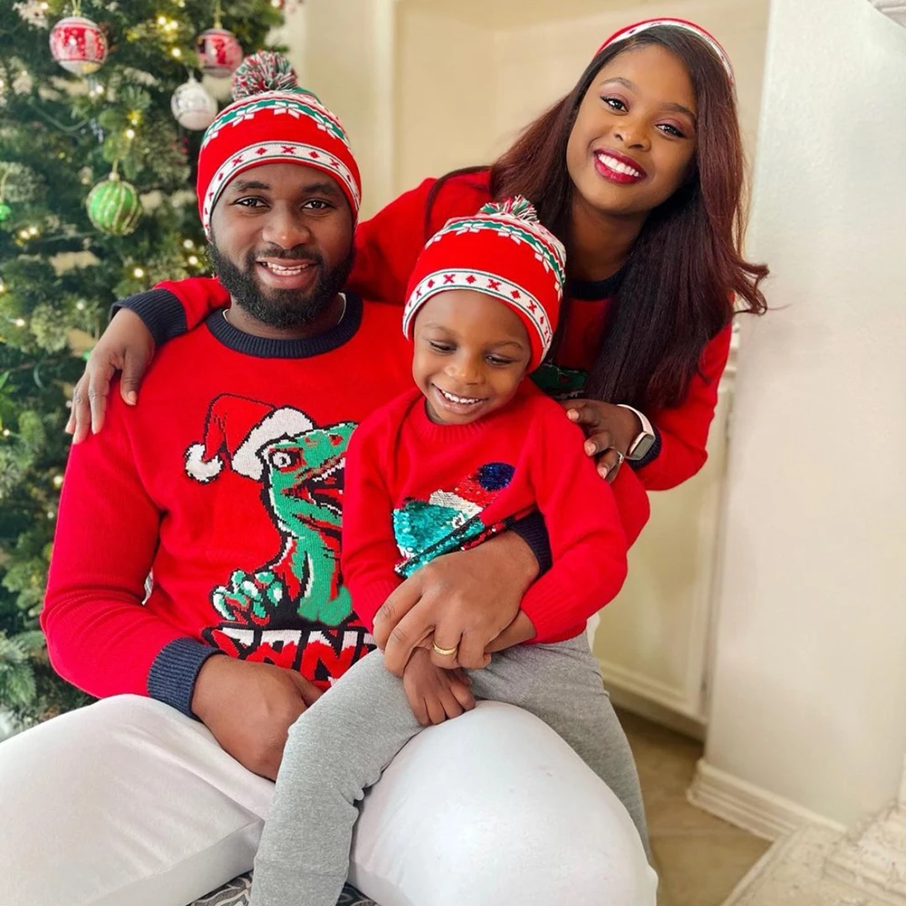 

Simple Casual O-Neck Long Sleeve Cartoon Dinosaur Letter Printing Loose Pullover Christmas Parent-Child Family Knitted Sweater