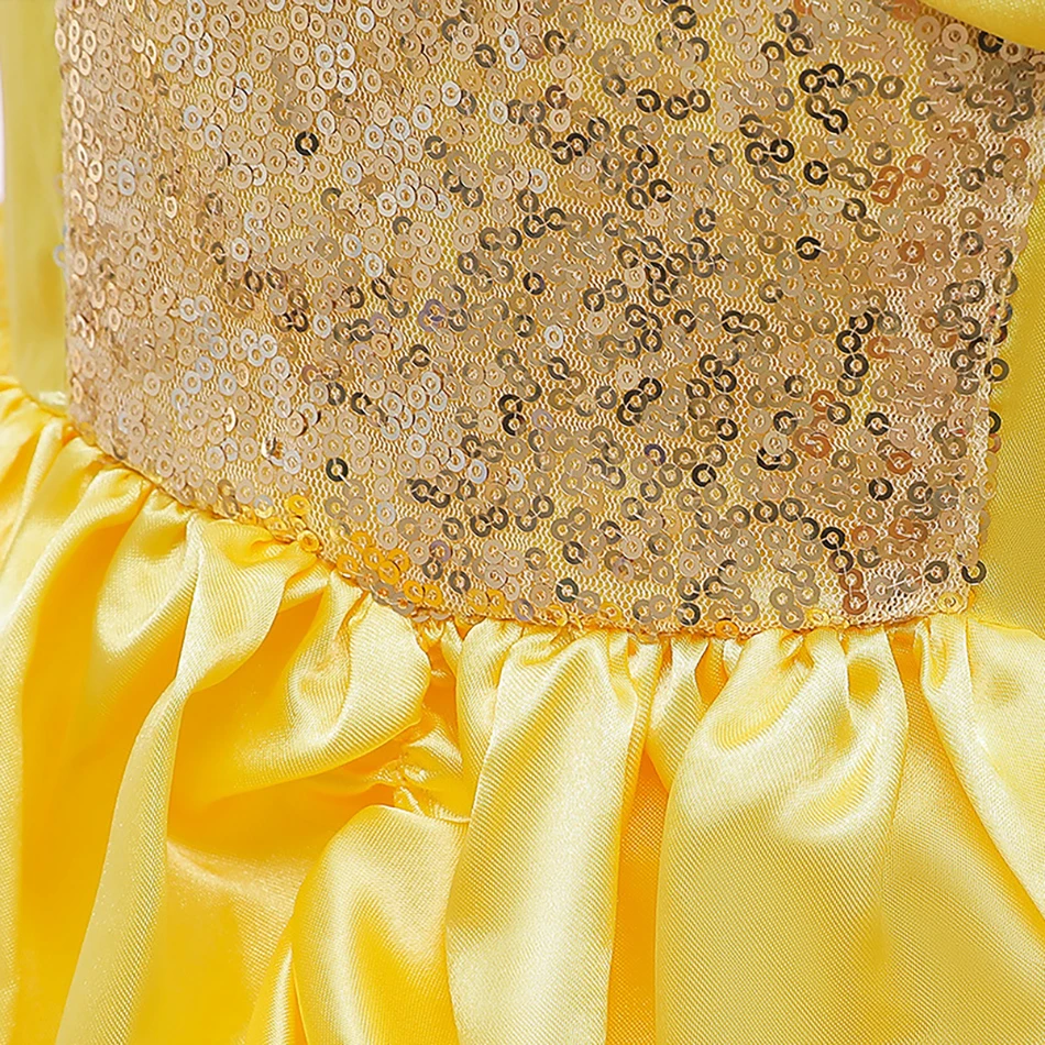 

New Summer Princess Girl Dress Cosplay Belle Costume Kids Shoulderless Sequins Clothing Beauty and the Beast Halloween Dress Up