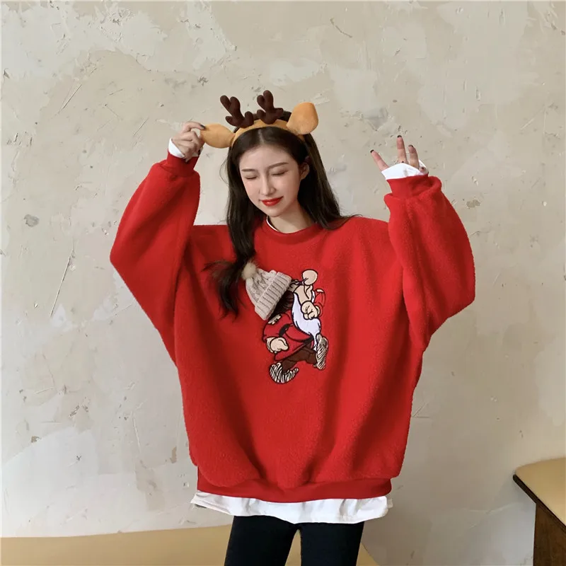 

Autumn Thickened Fake Two Piece Suit Versatile Loose Festive New Year Christmas Embroidery Sweater Women Aesthetic Sweatshirt