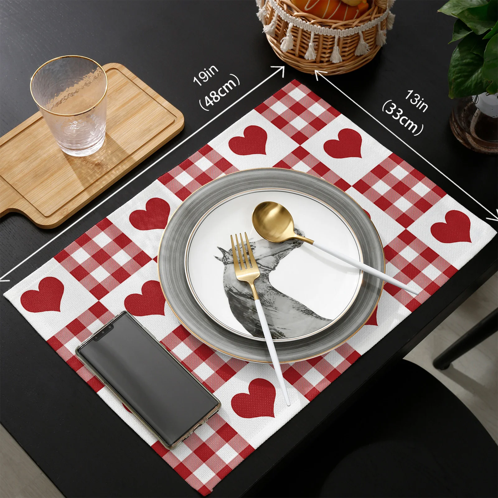 

Valentine'S Day Love Red Plaid Table Runner Placemats Set Wedding Table Decoration Table Runner for Kitchen Dining