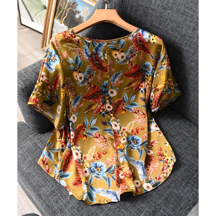 Женская летняя блуза из 100% натурального шелка Базовая рубашка с коротким рукавом