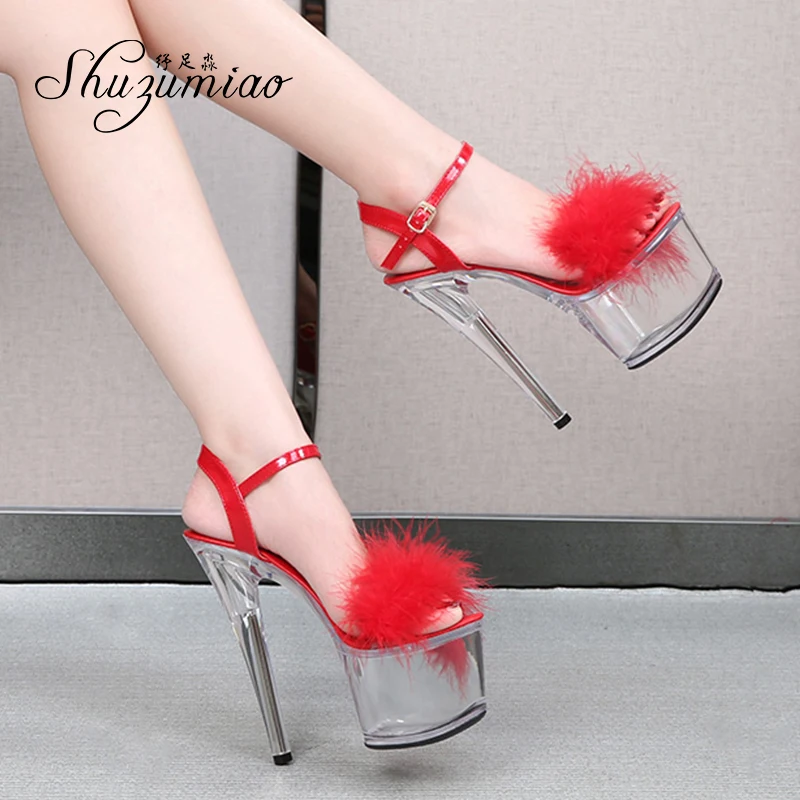 

Новинка 2021, летняя женская обувь shuбоумиао, прозрачные сандалии на платформе с мехом, женские туфли на высоком каблуке см с тонким каблуком д...
