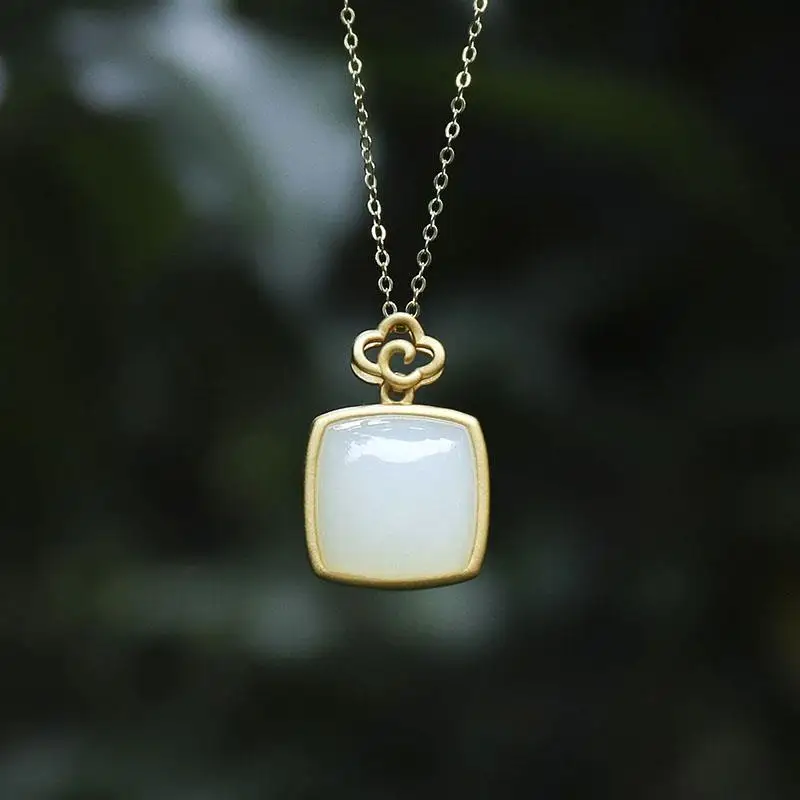 

Natural S925 Sterling Silver Hetian Jade Square White Jade Pendant Jade Necklace Simple Temperament Gilding Craft Clavicle Chain