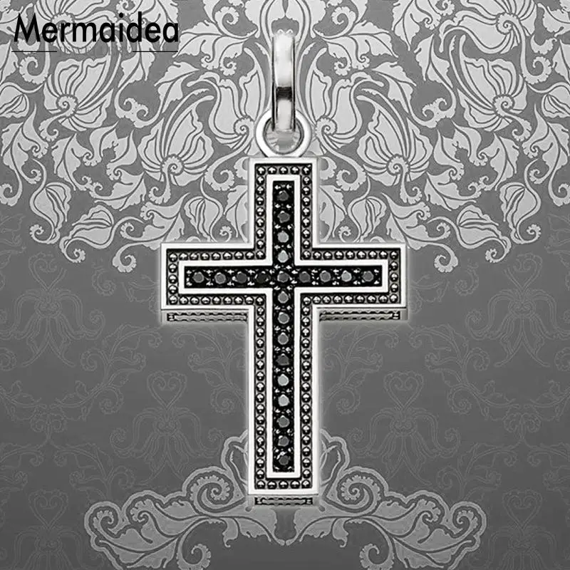 Подвеска с крестом из черного циркона Модная бижутерия посеребренное винтажное