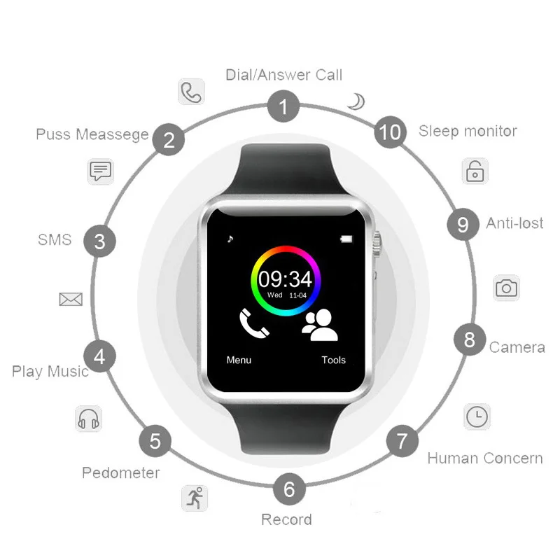 A1 Smart Watch Bluetooth WristWatch Sport Pedometer with SIM Card Passometer Camera Smartwatch For Android Better Than GT08 DZ09 |