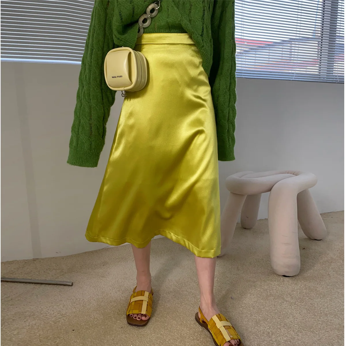 

Women's Skirt 2021 New Autumn Korean Satin Slim High-waisted Glossy A-Line Solid Color Fashionbale Leisure Female Skirt