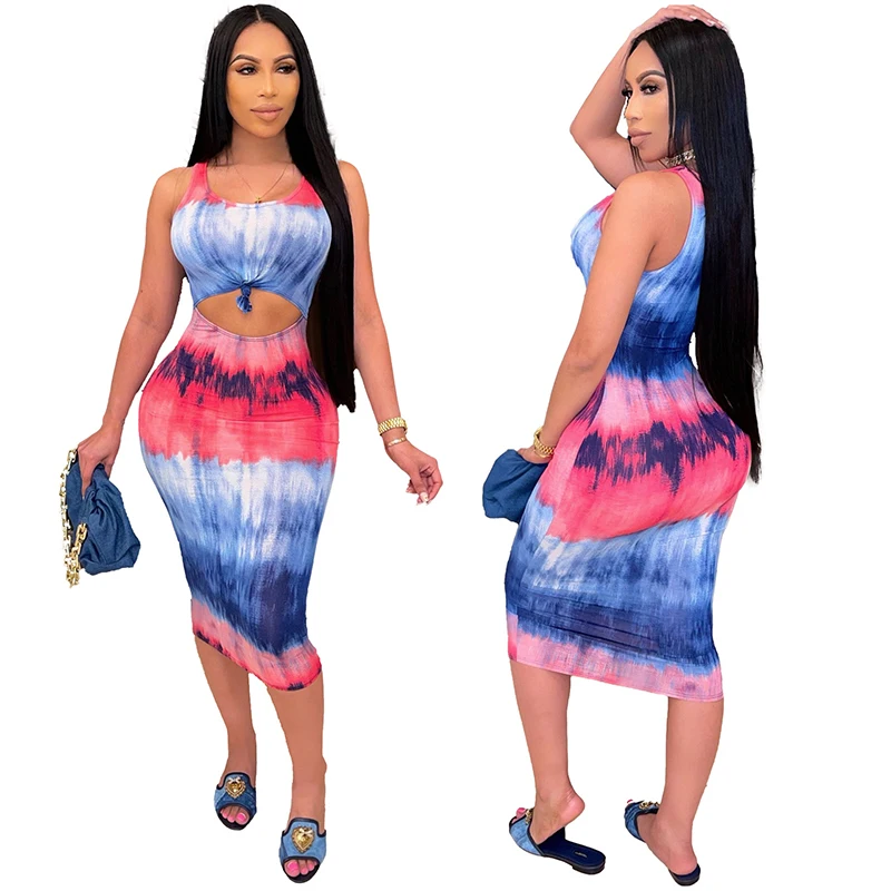 

ZKYZWX Sexy Tie Dye Bodycon Midi Dress Summer Outfit for Women 2021 New Arrival Sleeveless Birthday Dresses Night Clubwear Dress