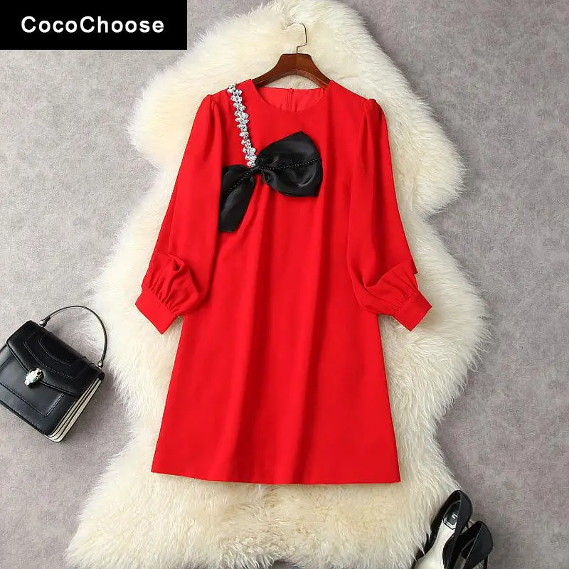 

Diamonds Beading Bow Red Dress Valentine's Day Women Girls 2022 Spring Fashion Long Sleeve Loose Waist Cute Mini Dress Black