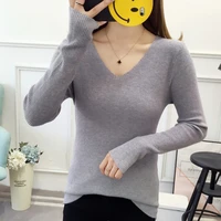 spring autumn basic all match solid color v neck slim knit long sleeve soft core spun yarn top korean fashion bottoming pullover