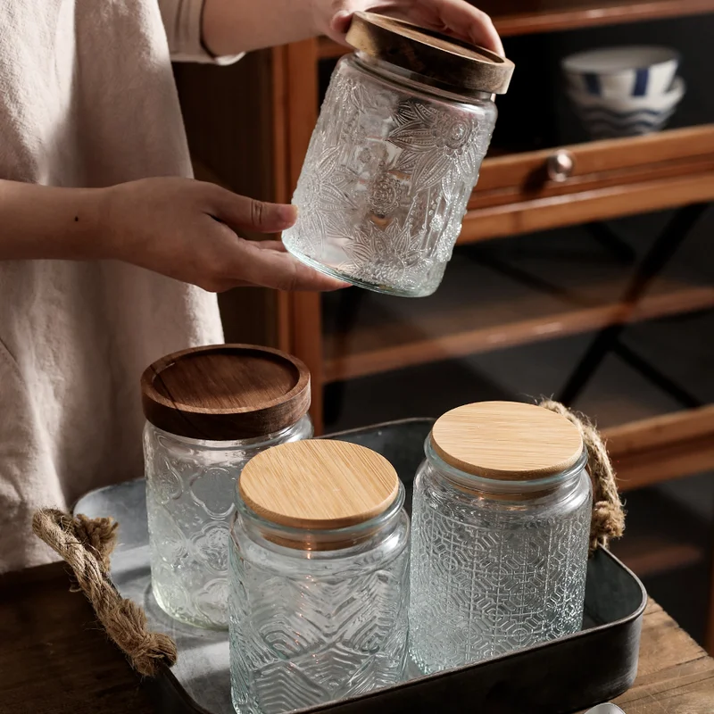 

700ml Sealed Glass Sugar Jar Nut Coffee Bean Storage Jar Embossed Flower Glass Tea Can Kitchen Food Storage Container Bottle Tin