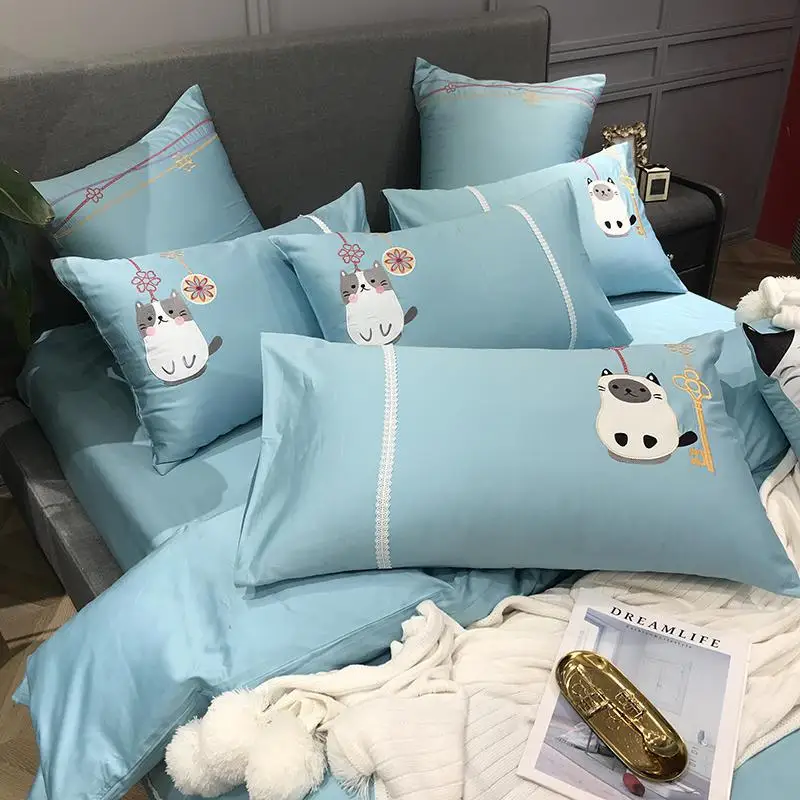 Комплект постельного белья из 42 хлопка с милыми кошками синего цвета королевский