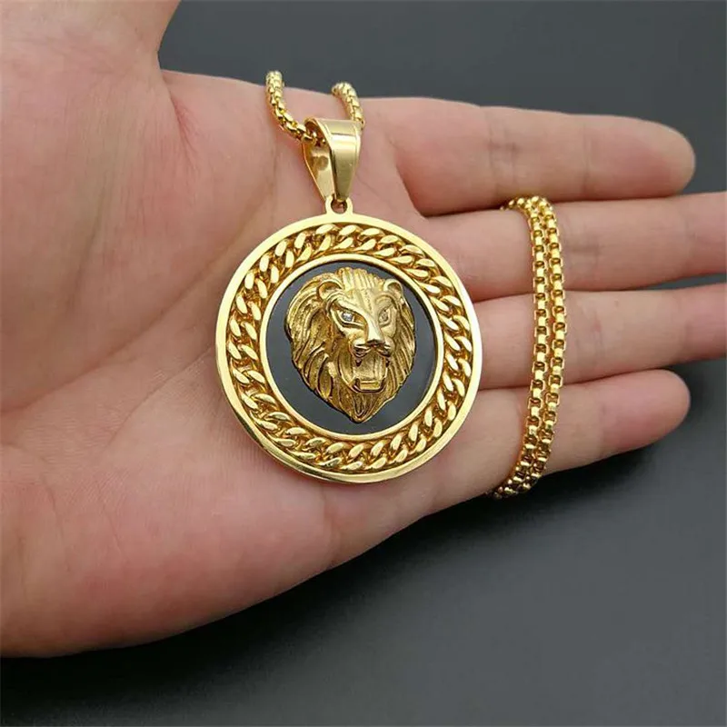 

Hiphop Rock Lion Head Pendant With Chain Male Gold Color Stainless Steel Round Necklaces Pendant For Men Fashion Jewelry