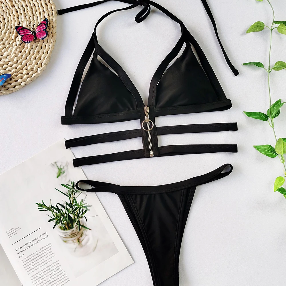 

ZTVitality Black Bandage Bikinis 2020 Hot Sale Halter Push Up Bikini Zipper Hollow Out High Waist Swimsuit Sexy Swimwear Women