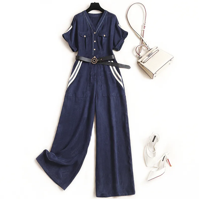 Elegant Runway Summer Jumpsuit Women 2020 New Fashion Short Sleeve V Neck Long Overalls Casual Rompers Womens Jumpsuits | Женская одежда