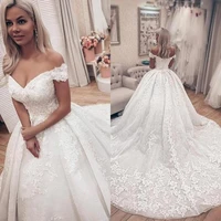 lace ball gown wedding dresses off shoulder backless tulle court train robe de mariee with short sleeves wedding bridal dresses