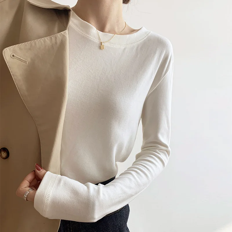 

Autumn Winter Long Sleeve Fleece Tees for Women Solid White Base T-shirts Female O-collar Pullover Tops Spandex F037