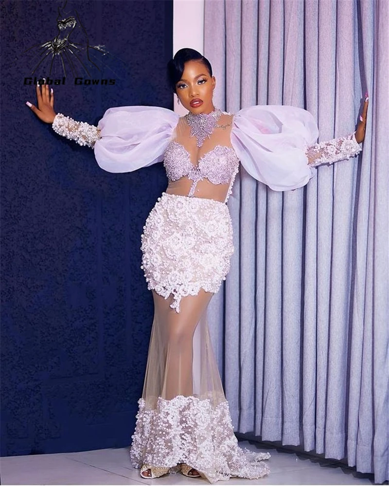 

Sexy African Lace High Neck Evening Dresses 2021 Beaded Appliques Formal Dress Nigeria Lantern Sleeve Vestidos De Gala