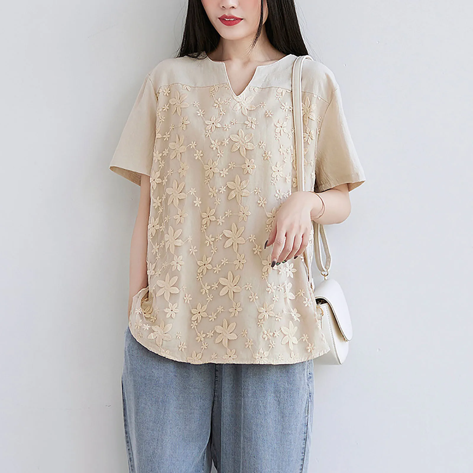 

Womens Elegant Pure Color Blouse Floral Embroidery Patchwork Plus Size M-3XL Short-Sleeve V-Neck Loose T-Shirts Tops Z40