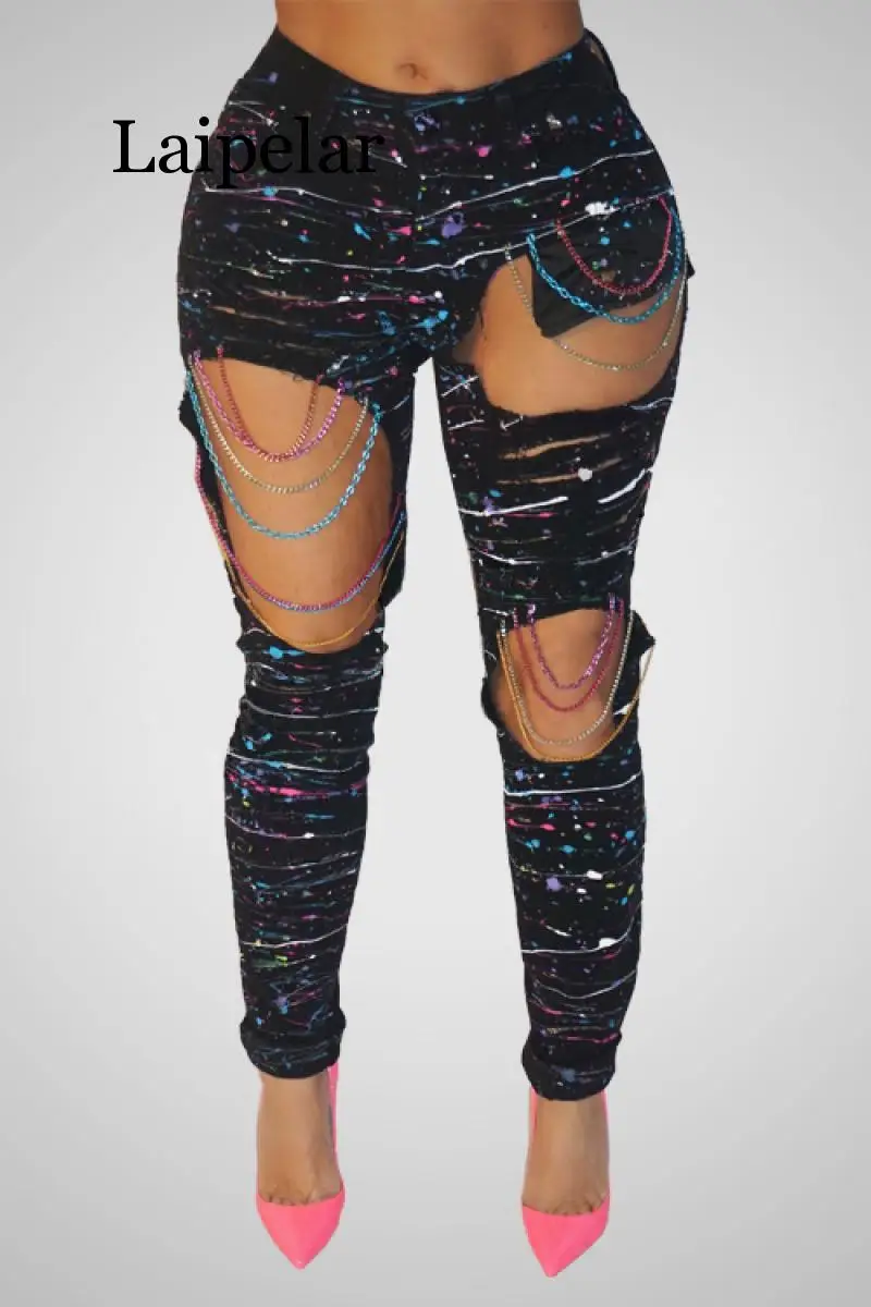 

Laipelar New Sexy Jeans with Holes Color Paint Color Chains Ripped Jeans Woman Holes Denim Pants Beggar Jeans Pants for Women Pl