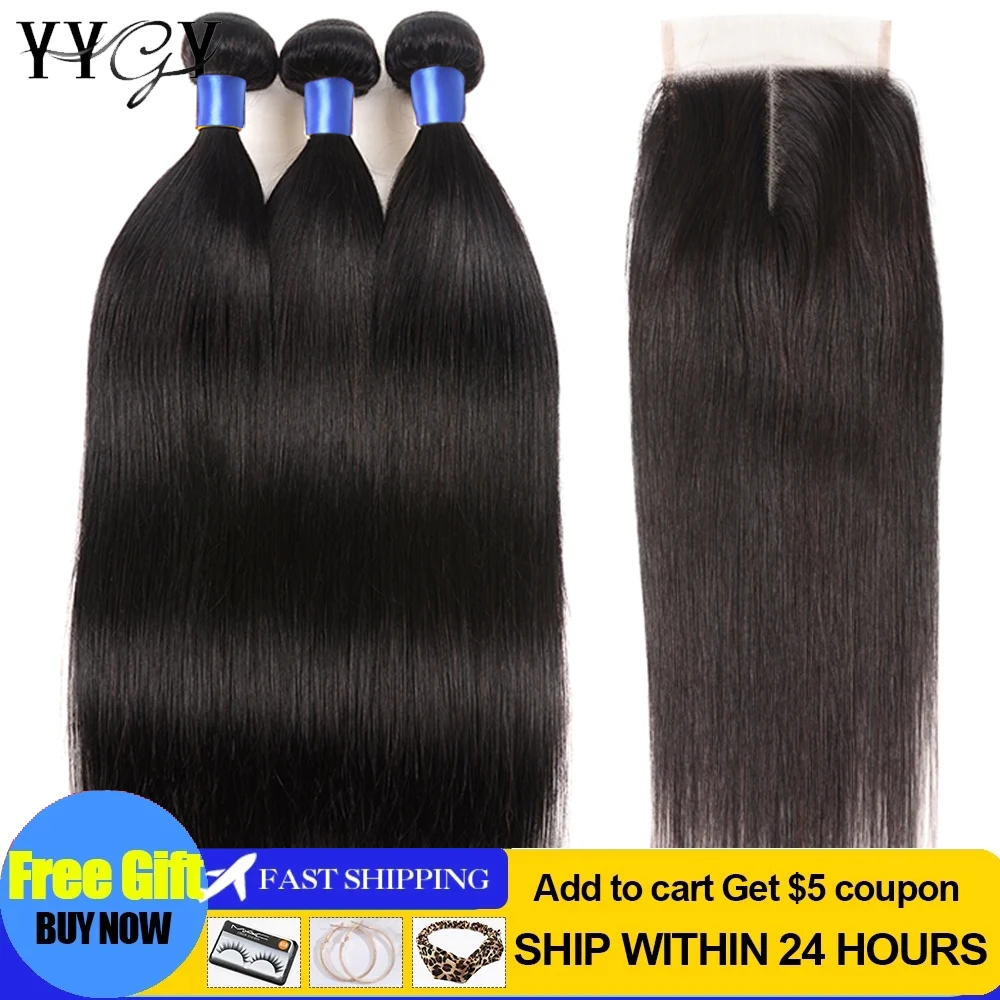 

YYgY Straight Human Hair Bundles With Closure Lace Closures With Bundles Brazilian Hair Weave Bundles With Closure Remy Hair