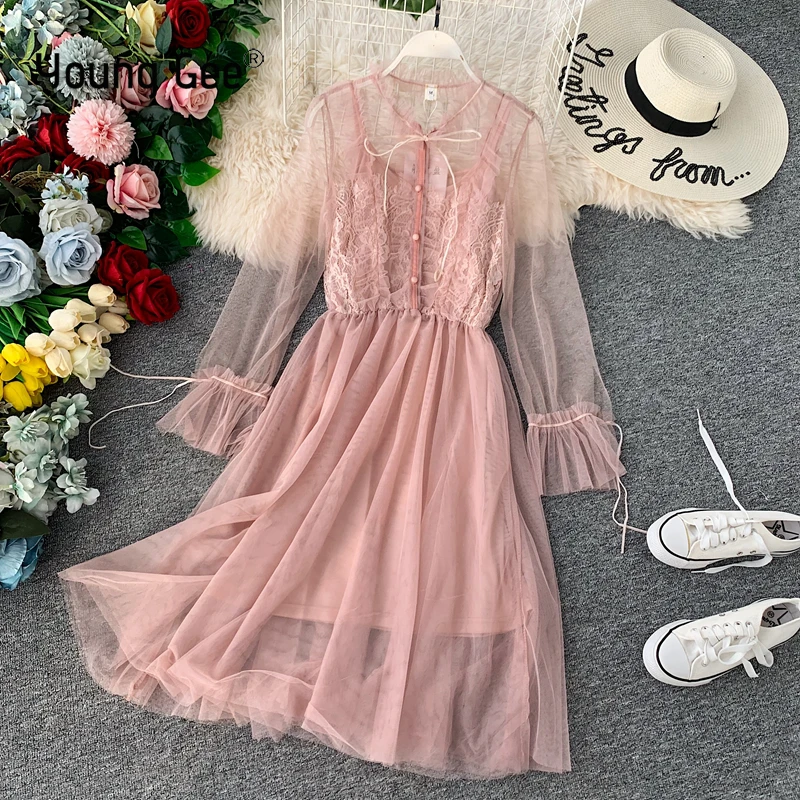 Женское Сетчатое платье-миди YoungGee розовое вечернее платье с цветочным кружевом