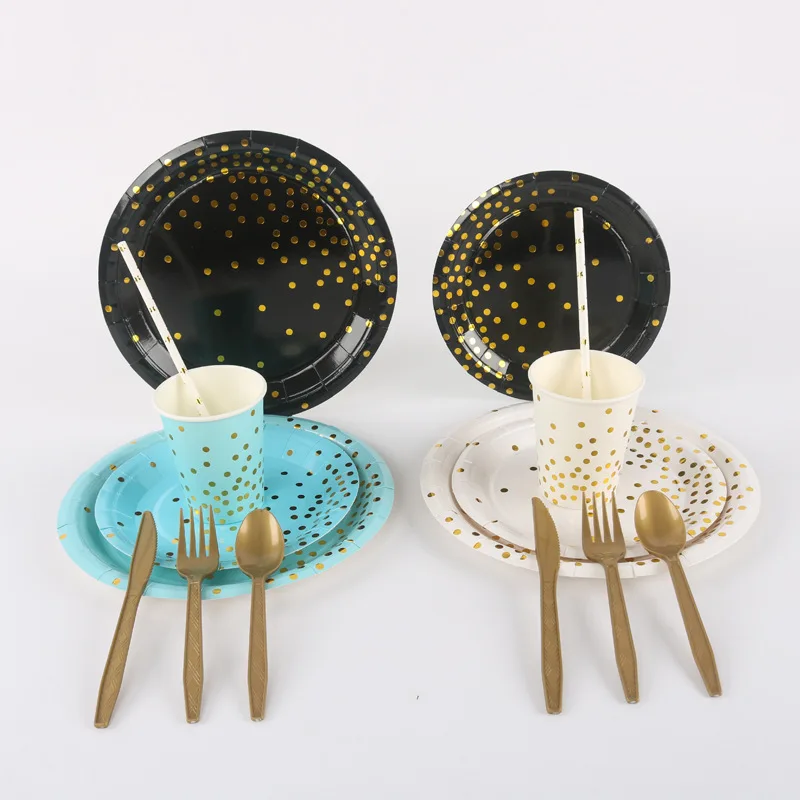 Столовая посуда на день рождения одноразовая бумага синяя розовая черная