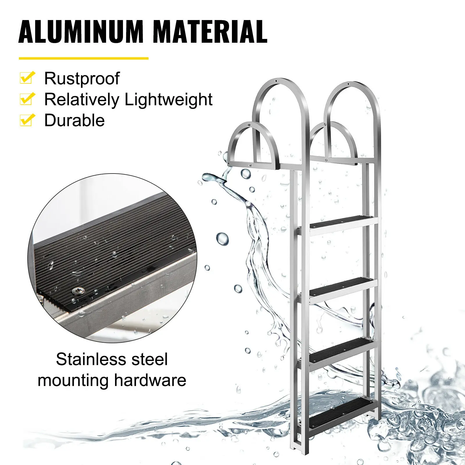 VEVOR-escalera de aluminio de 4 escalones con muelle antideslizante, escalones ajustables para trabajos de abordaje de barcos, Pont&oacute;n, piscina, 350 libras-4