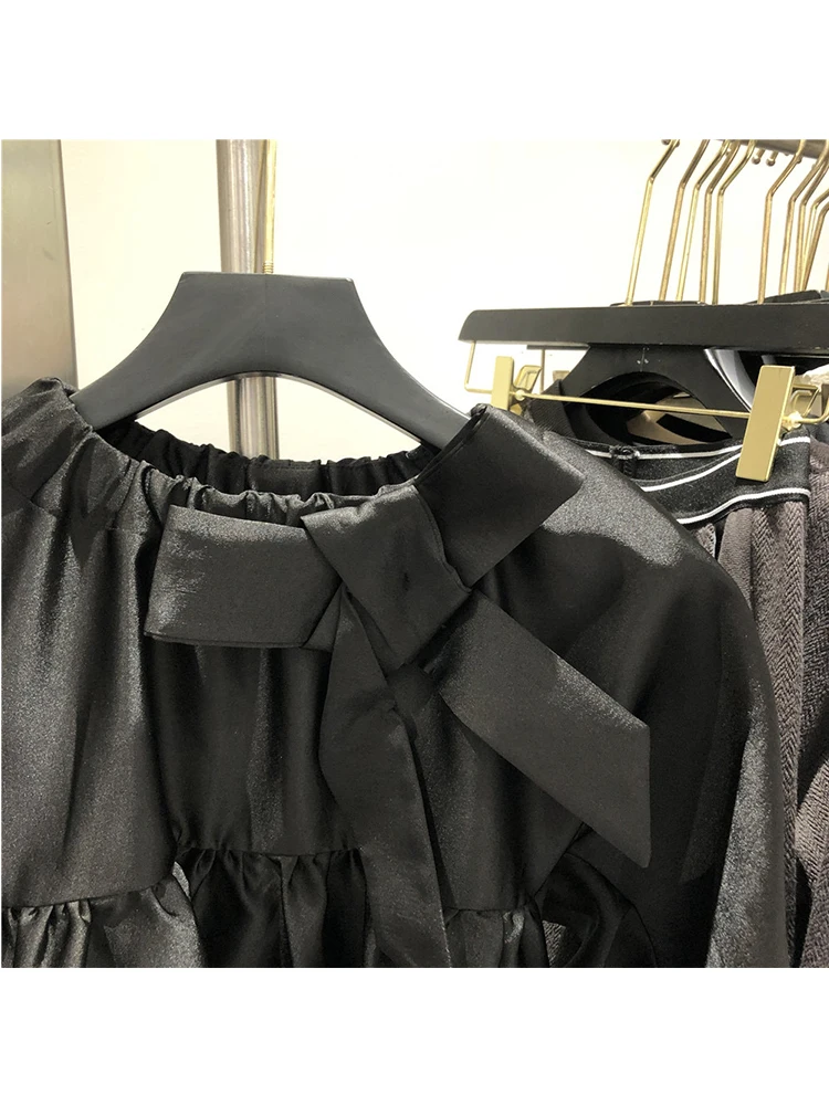 

Free shipping solid color round neck bowknot decoration pleated zou loose dress ladies autumn new style big pendulum skirt
