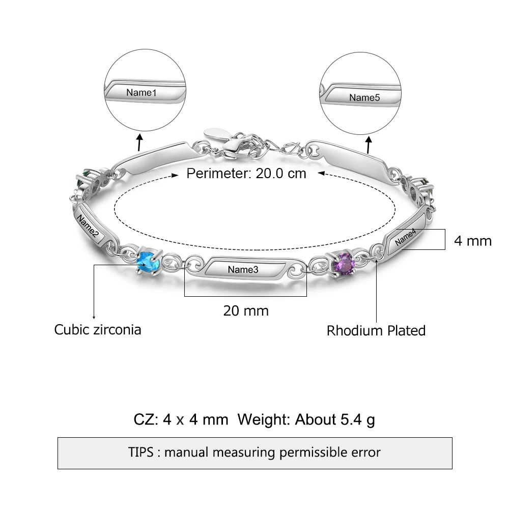 Элегантные персонализированные браслеты с 4 камнями рождения на заказ 5 семья