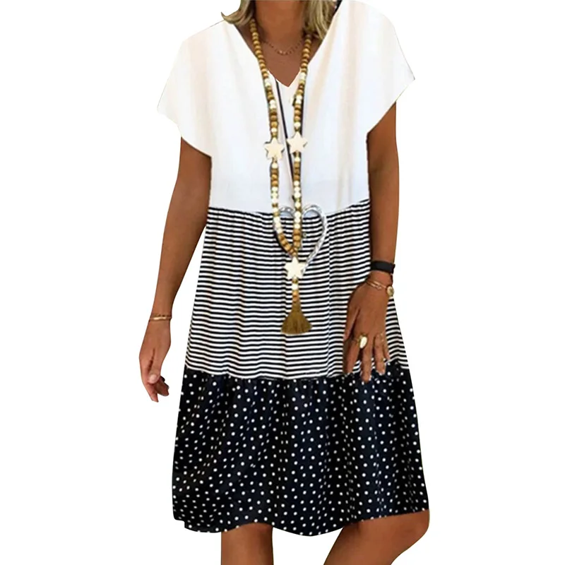 

Vintage Printed Casual Dress Women New Printed Black Yellow Summer Short Sleeve Sexy V-neck Beach Loose Ladies Dresses Vsetidos