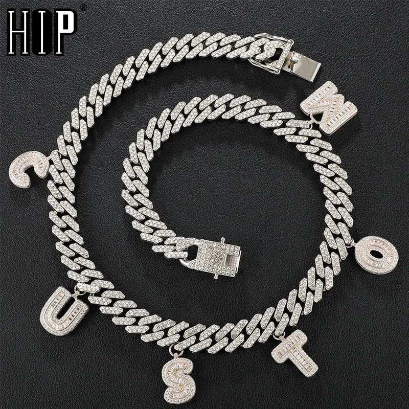 

Hip Hop A-Z Custom Baguette Letter With 12MM Full Iced Out Prong Cuban Chain Bling Rapper Necklaces Bracelet For Men Jewelry