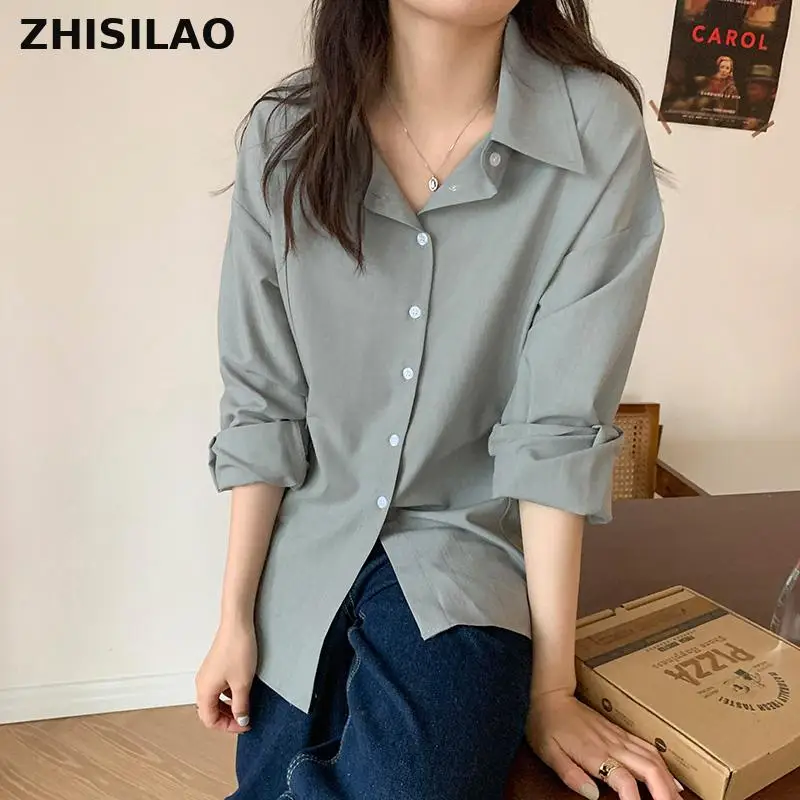 

ZHISILAO Solid Loose Defined Waist Blouse Women Retro White Long Sleeve Shirts Mujer Elegant Autumn Summer 2021 Blousa Tops