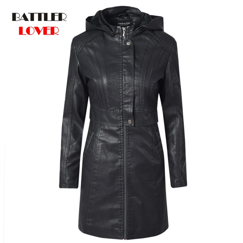 

Fashion Leather Coats For Women's Spring Autumn Clothing Long Section Slim PU Leather Jacket Female Hooded Motorcycle Overcoats