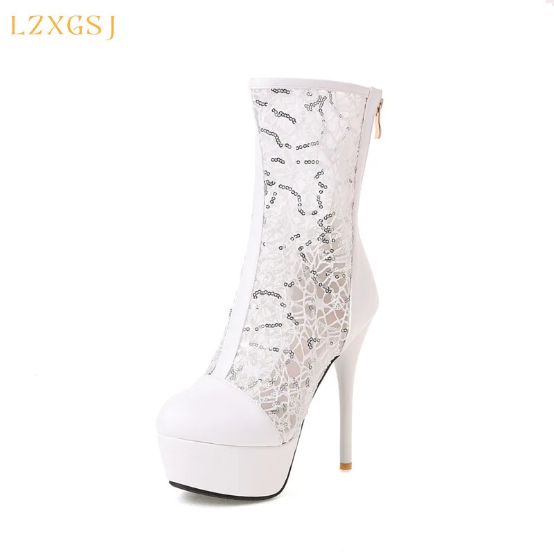 

air mesh women mid-calf boots 2021 new arrvals back zippper round toe super high heels with platforms chelsea boots plus size 43