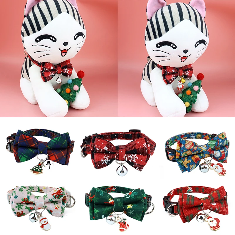 

Popular Convenient Adjustable Bow-knot Pendant Bell Collars Cute Pet Printed Lattice Collars Practical Pretty Pet Supplies
