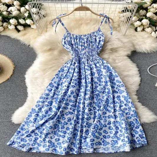 

New 2021 summer spaghetti strap dress women's sleeveless slim high waist print knee length dress women's holiday A-line dress